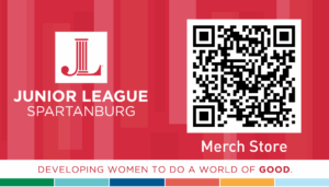 Junior League of Spartanburg logo with QR code to scan for branded merchandise ordering.